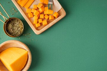 Board with pieces of tasty cheddar cheese and herbs on green background