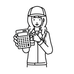 立って電卓を指差してこちらに向けて見せている作業員の女性