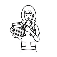 立って電卓を指差してこちらに向けて見せている看護師の女性