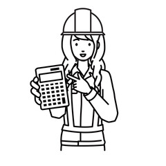 立って電卓を指差してこちらに向けて見せている工事現場の女性