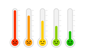 thermometer emotional scale satisfaction level. face emotion happy normal and angry. vector illustration flat design. isolated on white background. Temperature and weather forecast. - obrazy, fototapety, plakaty