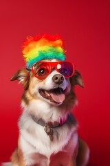 fairy funny dog using rainbow hat and sunglasses generated ai