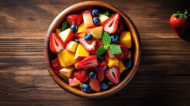 fresh fruit salad on wooden background generative AI 