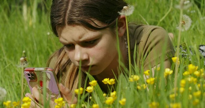 A girl with a smartphone on a meadow