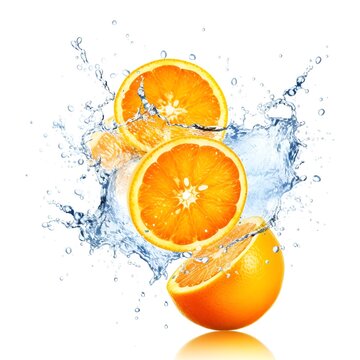 Sliced orange fruit with splash of juicy on white background. food and drink picture. Orange splash isolated on white background, Generative AI