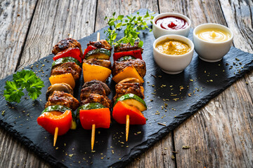 Meat skewers - grilled meat with vegetables on wooden background
