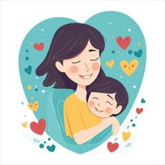 Happy Mother's Day. Vector illustration of mom with a baby in her arms, a vase of hearts, a declaration of love to mom and a floral and hear frame for a greeting card, poster or background