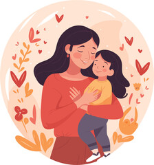 Happy Mother's Day. Vector illustration of mom with a baby in her arms, a vase of hearts, a declaration of love to mom and a floral and hear frame for a greeting card, poster or background