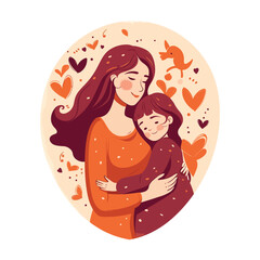 Happy Mother's Day. Vector illustration of mom with a baby in her arms, a vase of hearts, a declaration of love to mom and a floral and hear frame for a greeting card, poster or background