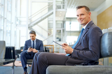Happy, portrait or business man with tablet for invest strategy, finance growth or financial review. Travel, smile or employee in airport for collaboration, data analysis or economy data research