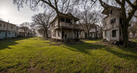 Naklejka premium buildings, nature, trees, water, green, post apocalyptic, abandoned, overgrowth, long grass, architecture, decayed, ruins, city, town, summer, spring, moss, vines, foliage
