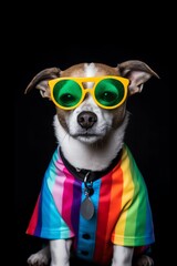 fairy funny gay french bulldog dog proud of human rights waving with lgbt rainbow flag and sunglasses , isolated