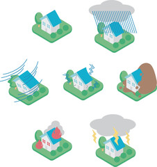 アイソメトリック　家　住宅　災害　被害　イラスト素材セット
