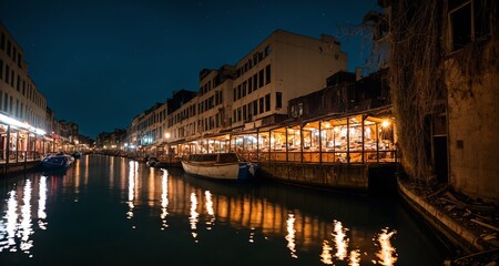 City Port Sea Canal on the City's Harbor at Night. Building's Reflections on Ocean Water by a Gondola Boat at Dock. (generative ai)