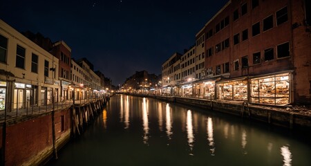 Fototapeta na wymiar City Port Sea Canal on the City's Harbor at Night. Boats and Light Reflections on Water. Inner City Market. (generative ai)