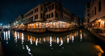 Canal Corner of the City's Harbor and Port. Sea Channel running through Town's Buildings at Night (generative ai
