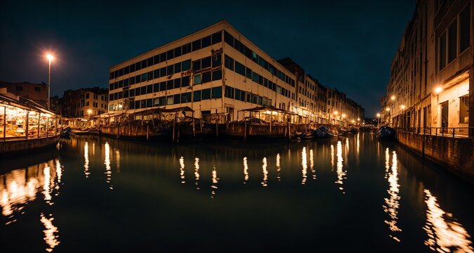 Panorama of City Canal through the Town's Market at night. Coastal Sea Port Ocean Channel. (generative ai)