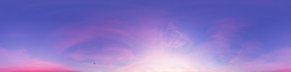 Fototapeta na wymiar Sunset sky panorama with bright glowing pink Cirrus clouds. HDR 360 seamless spherical panorama. Full zenith or sky dome for 3D visualization, sky replacement for aerial drone panoramas.