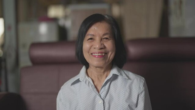 Asian elderly woman smile looking at camera. Senior female siting on sofa in living room at home.