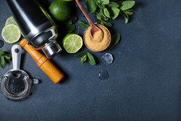 Shaker, strainer, mortar and ingredients for preparing mojito on dark background