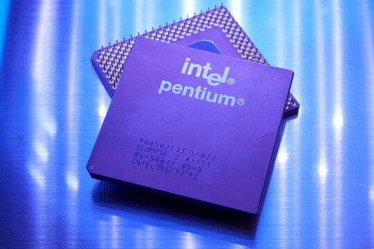 Ryazan, Russia - May 13, 2023: Old Intel Pentium processor close up. Early Intel microprocessor