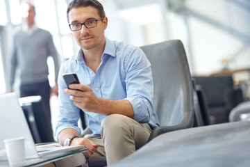 Portrait, corporate and businessman on phone in airport for networking, communication and flight...