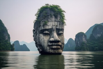 A giant rock head sculptor. island. Generative A - obrazy, fototapety, plakaty