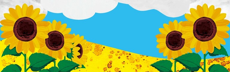 Obraz premium バナー フレーム ひまわり 夏 空 花 植物 水彩 背景 イラスト素材