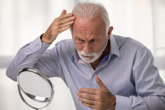 Senior man checking his hairline looking at mirror. Alopecia, hair loss and aging concept.