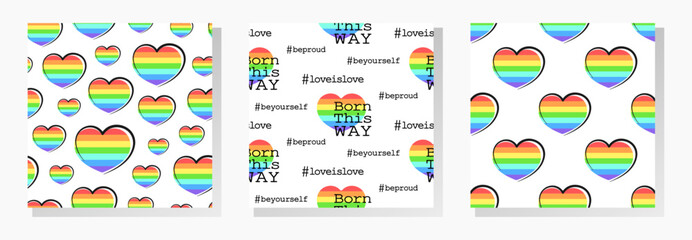 Fototapeta na wymiar Rainbow colored hearts with black doodle outline and lettering on white background. Vector seamless patterns collection in colors of the LGBT community.