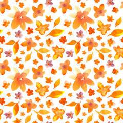 Seamless pattern of watercolor orange delicate flowers and leaves. Hand drawn illustration. Botanical hand painted floral elements on white background.