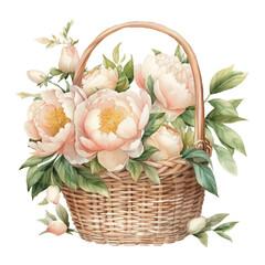 Pink and White Peony Basket Watercolor, wedding decoration, made with generative ai