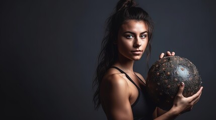 Naklejka premium Portrait of beautiful sporty woman with fitness ball on gray background.Generative Ai
