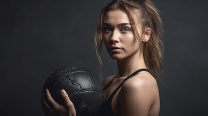 Portrait of beautiful sporty woman with fitness ball on gray background.Generative Ai
