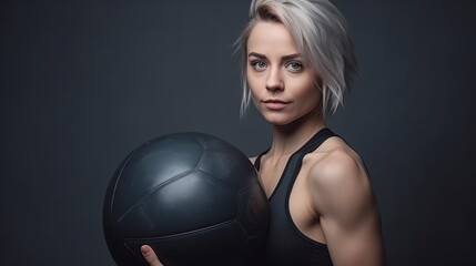 Portrait of beautiful sporty woman with fitness ball on gray background.Generative Ai