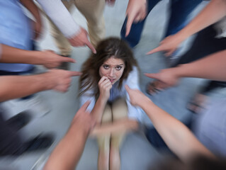 Fear, pointing blame and woman guilt with social anxiety and worker with teasing and failure. Above, female person and circle with fingers point to scared employee with stress and peer pressure - obrazy, fototapety, plakaty