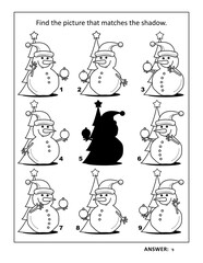 Shadow game with cute little snowman decorating christmas tree: Find the picture that matches the shadow. Answer incuded.
