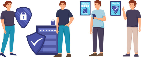 Digital data protection design illustration. Cyber security cartoon character illustrations. Cloud computing network safety concept