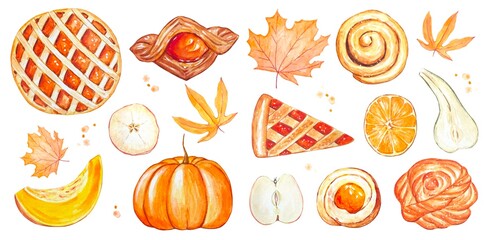 Set with autumn pastries, sweets, fruits on a white background, food watercolor illustration
