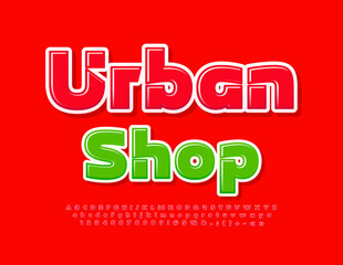 Vector advertising signboard Urban Shop. Trendy Red Font. Bright Glossy Alphabet Letters and Numbers set