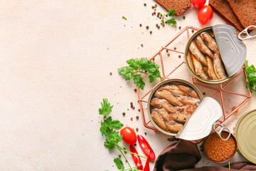 Canned smoked sprats with parsley on white background