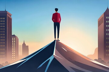 Back view of a man standing on top of a hill looking at the city. A conceptual illustration symbolizing leadership, perspective, reflection and awareness