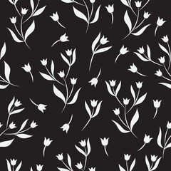 Ditsy floral seamless pattern with small white tulips on black background