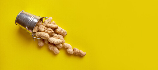 Unshelled peanuts in a small metal bucket on a yellow background.