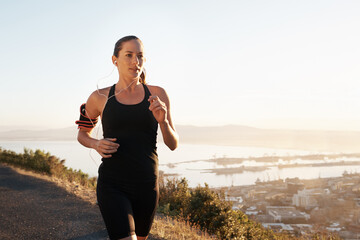Running, street and woman training, workout and fitness with freedom, view and balance outdoor....