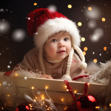 Adorable Baby with Festive Wooden Box Surrounded by Christmas Ornaments and Lights - Photo Art Created with Generative AI and Other Techniques