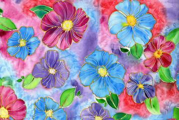 Texture of natural linen fabric. Batik.Textile shibori print. Indigo blue tie-dye textile. Watercolor effect.