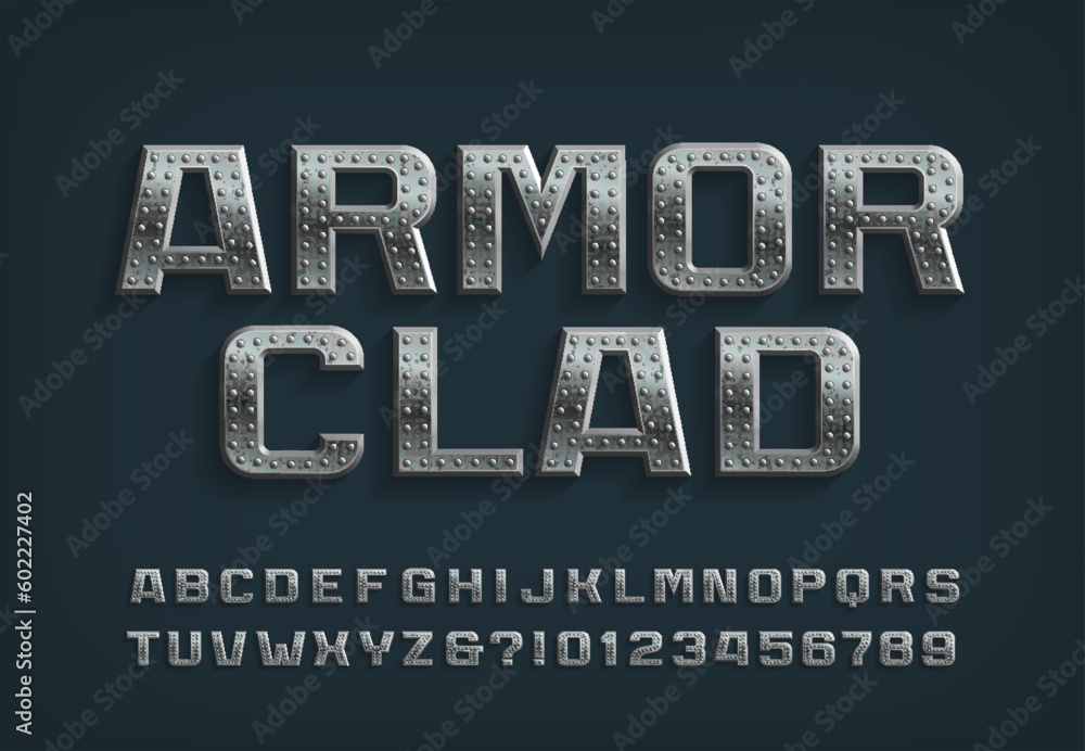 Fototapete armor clad alphabet font. riveted metal letters and numbers. stock vector typescript for your design