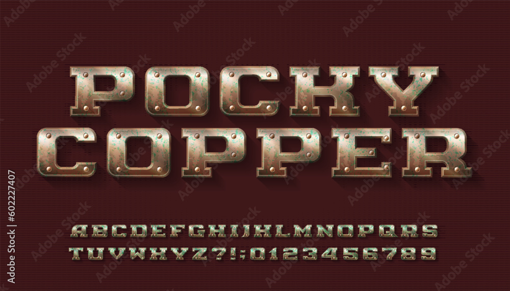 Fototapete pocky copper alphabet font. letters and numbers with rivets in steampunk style. stock vector typescr