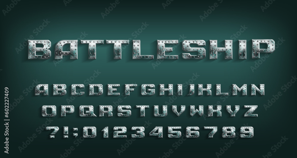 Fototapete battleship alphabet font. distressed metal letters and numbers. stock vector typescript for your des